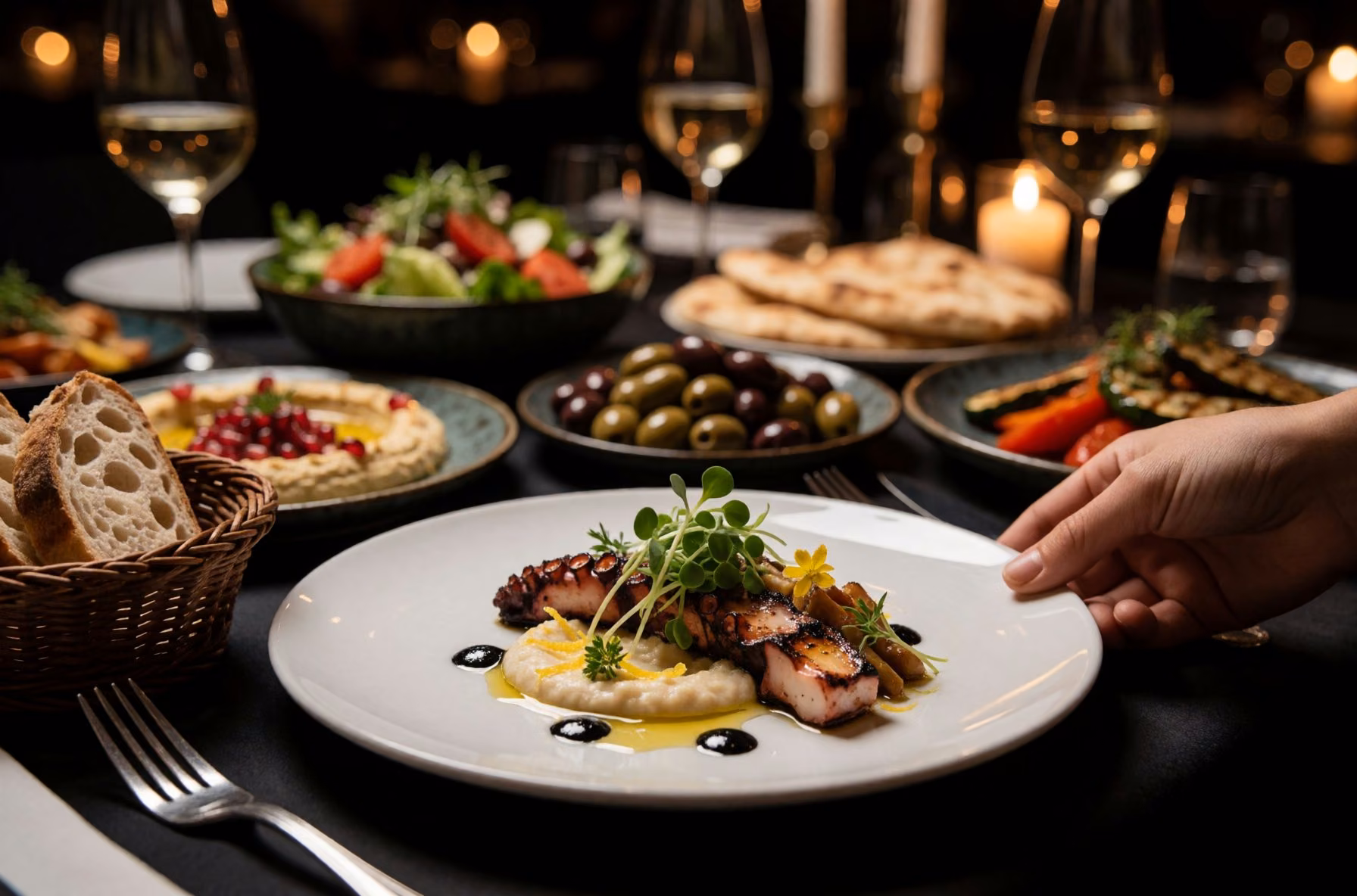 A plated Mediterranean dish with microgreens and sauce art on a white plate, on a candlelit restaurant table with a full spread of dishes behind