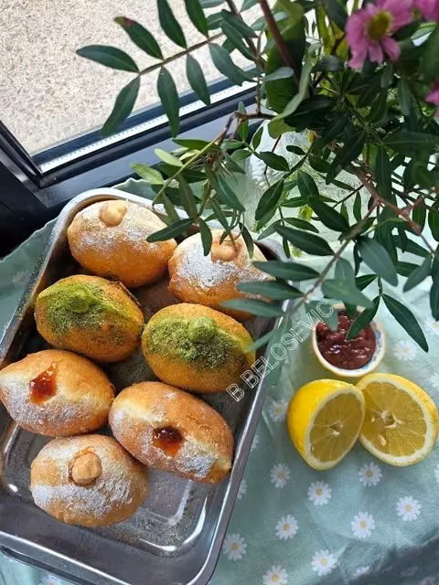 Classic doughnuts with matcha and vanilla cream